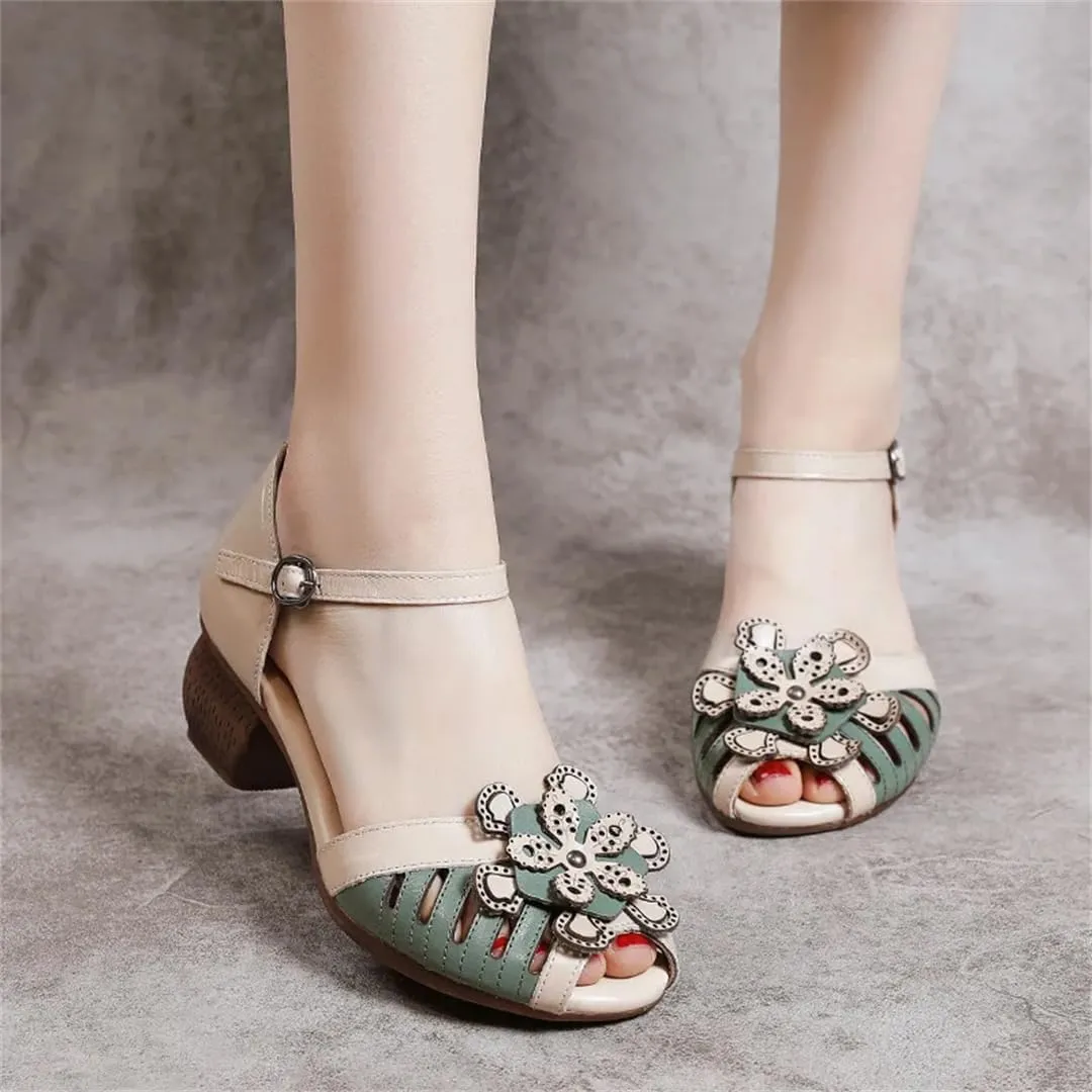 Womens Buckle Strap Back Strap Hoof Heel Open Side Vamp Retro Sandals Leather Platform Flower Detail Beach Cool