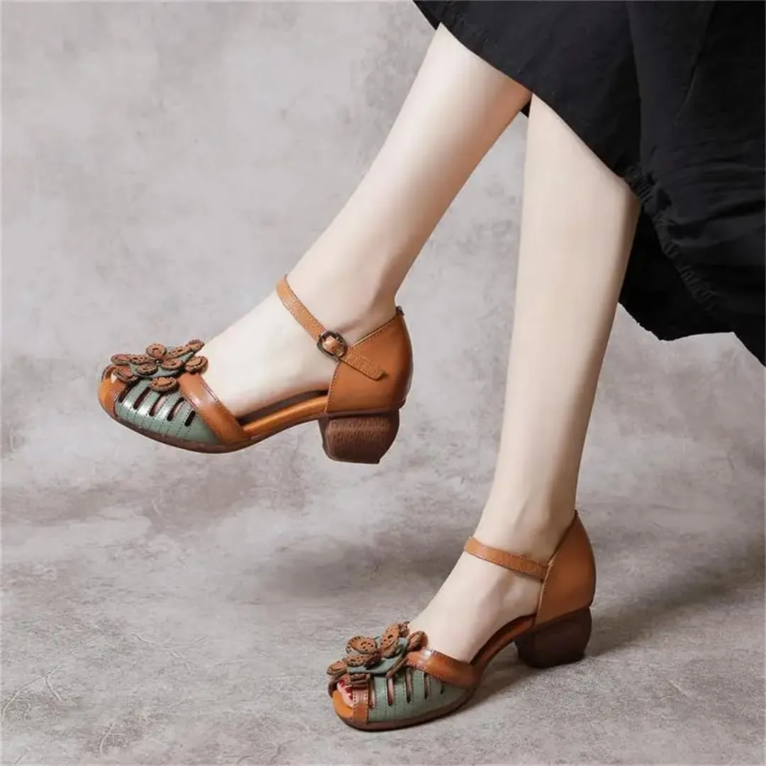 Womens Buckle Strap Back Strap Hoof Heel Open Side Vamp Retro Sandals Leather Platform Flower Detail Beach Cool