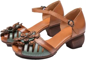 Womens Buckle Strap Back Strap Hoof Heel Open Side Vamp Retro Sandals Leather Platform Flower Detail Beach Cool