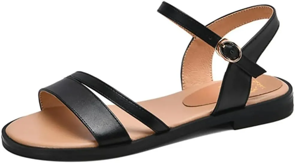 Womens Buckle Strap Front Rear Strap Flat Heel Open Side Vamp Basic Sandals Leather Solid Color Casual