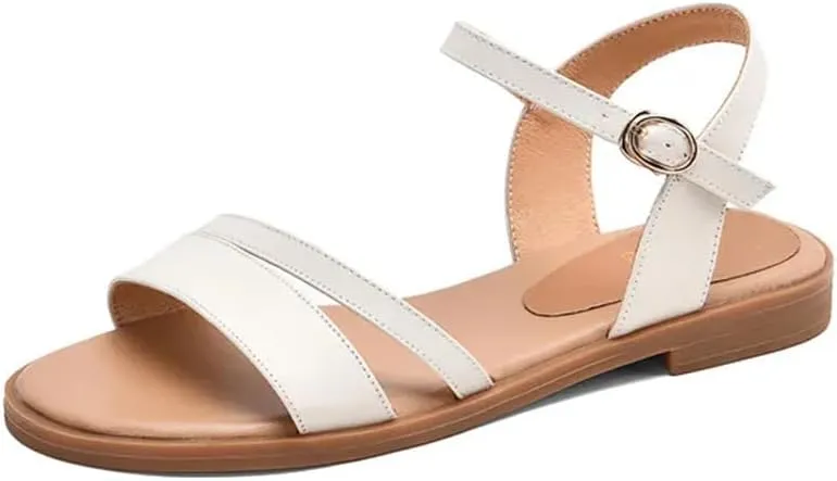 Womens Buckle Strap Front Rear Strap Flat Heel Open Side Vamp Basic Sandals Leather Solid Color Casual