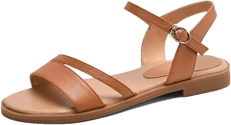 Womens Buckle Strap Front Rear Strap Flat Heel Open Side Vamp Basic Sandals Leather Solid Color Casual