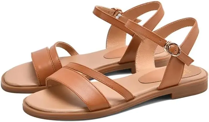 Womens Buckle Strap Front Rear Strap Flat Heel Open Side Vamp Basic Sandals Leather Solid Color Casual