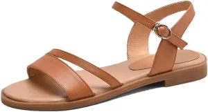 Womens Buckle Strap Front Rear Strap Flat Heel Open Side Vamp Basic Sandals Leather Solid Color Casual