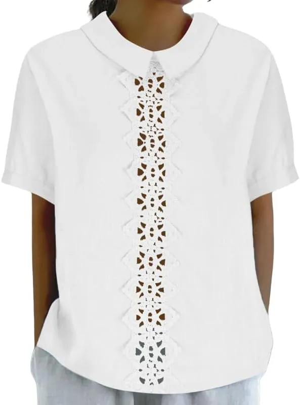 Women's Cotton Linen Shirts Summer Casual Short Sleeve T Shirt Comfy Loose Lapel Pullover Lace Tops