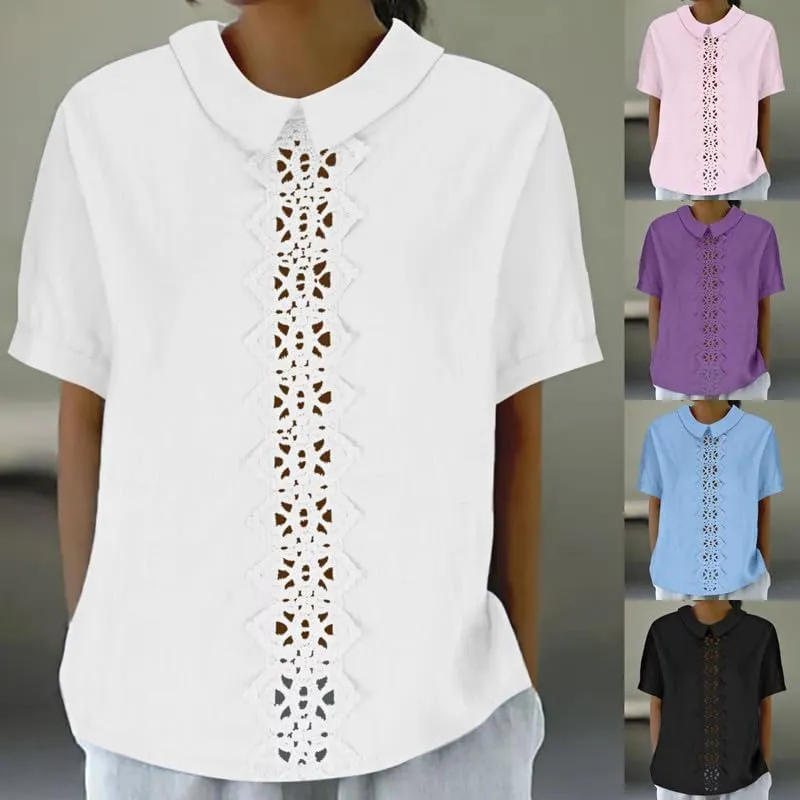 Women's Cotton Linen Shirts Summer Casual Short Sleeve T Shirt Comfy Loose Lapel Pullover Lace Tops