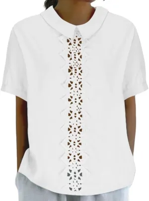 Women's Cotton Linen Shirts Summer Casual Short Sleeve T Shirt Comfy Loose Lapel Pullover Lace Tops