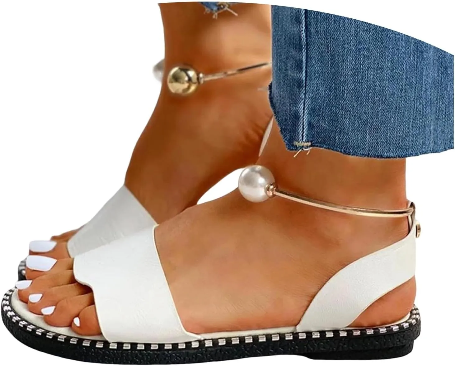 Women'S Dressy Comfortable Walking Summer Flat Sandals 2025 Open Toe Casual Fashion Solid Color Pearl Leather Sandals Summer Backless Mules Slide Walking Party Vacation Shoes for Daily Wear