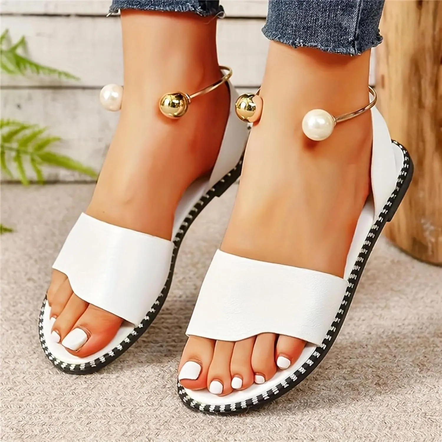 Women'S Dressy Comfortable Walking Summer Flat Sandals 2025 Open Toe Casual Fashion Solid Color Pearl Leather Sandals Summer Backless Mules Slide Walking Party Vacation Shoes for Daily Wear