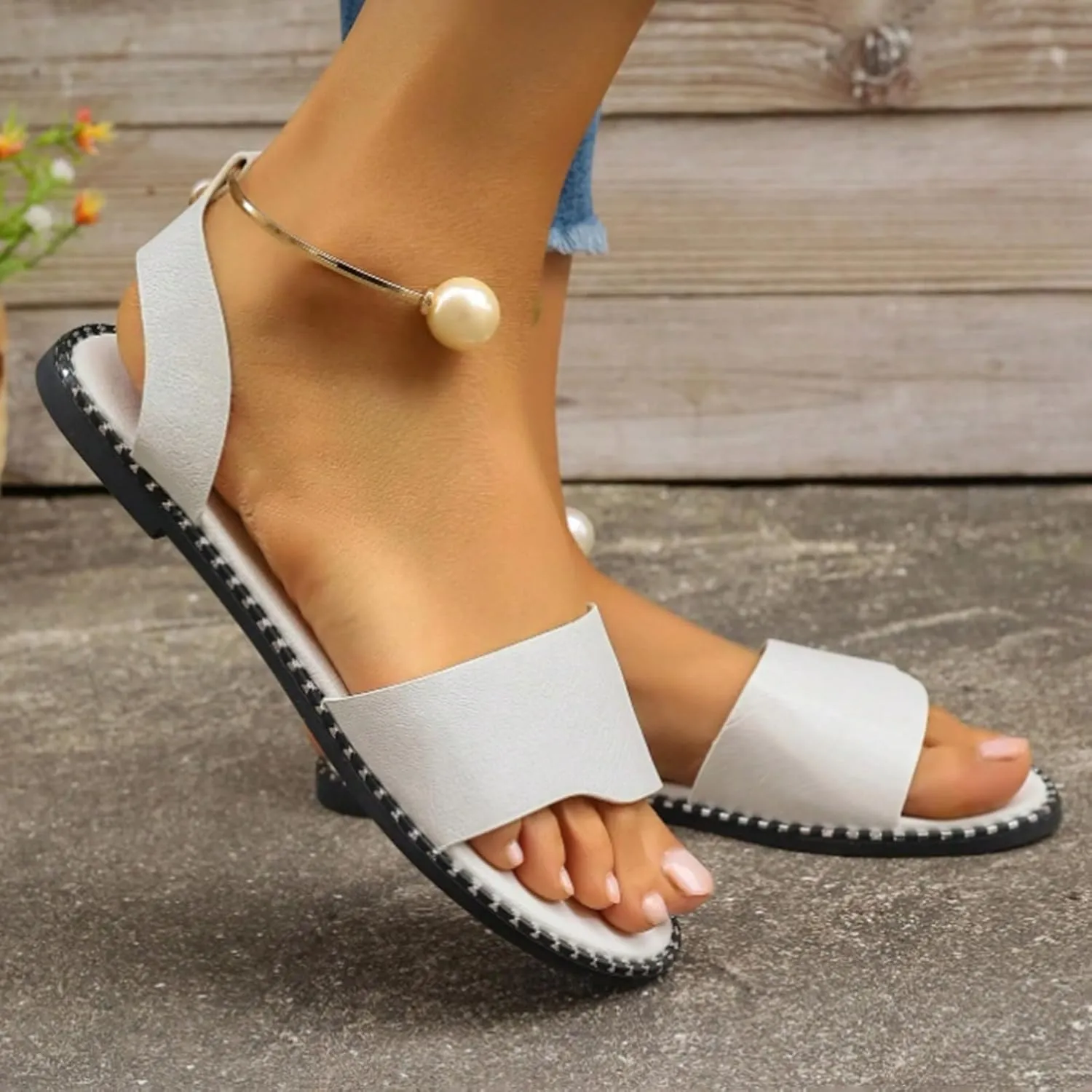 Women'S Dressy Comfortable Walking Summer Flat Sandals 2025 Open Toe Casual Fashion Solid Color Pearl Leather Sandals Summer Backless Mules Slide Walking Party Vacation Shoes for Daily Wear