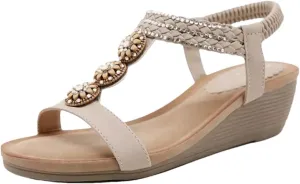 Womens Elastic Band Back Strap Wedge Heel Open Side Vamp Gladiator Sandals PU Upper Bohemian Summer Sandals