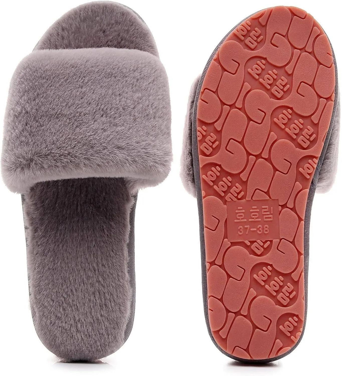 Women's Fuzzy Fluffy Furry Fur Slippers Flip Flop Open Toe Cozy House Memory Foam Sandals Slides Soft Flat Comfy Anti-Slip Spa Indoor Outdoor Slip on