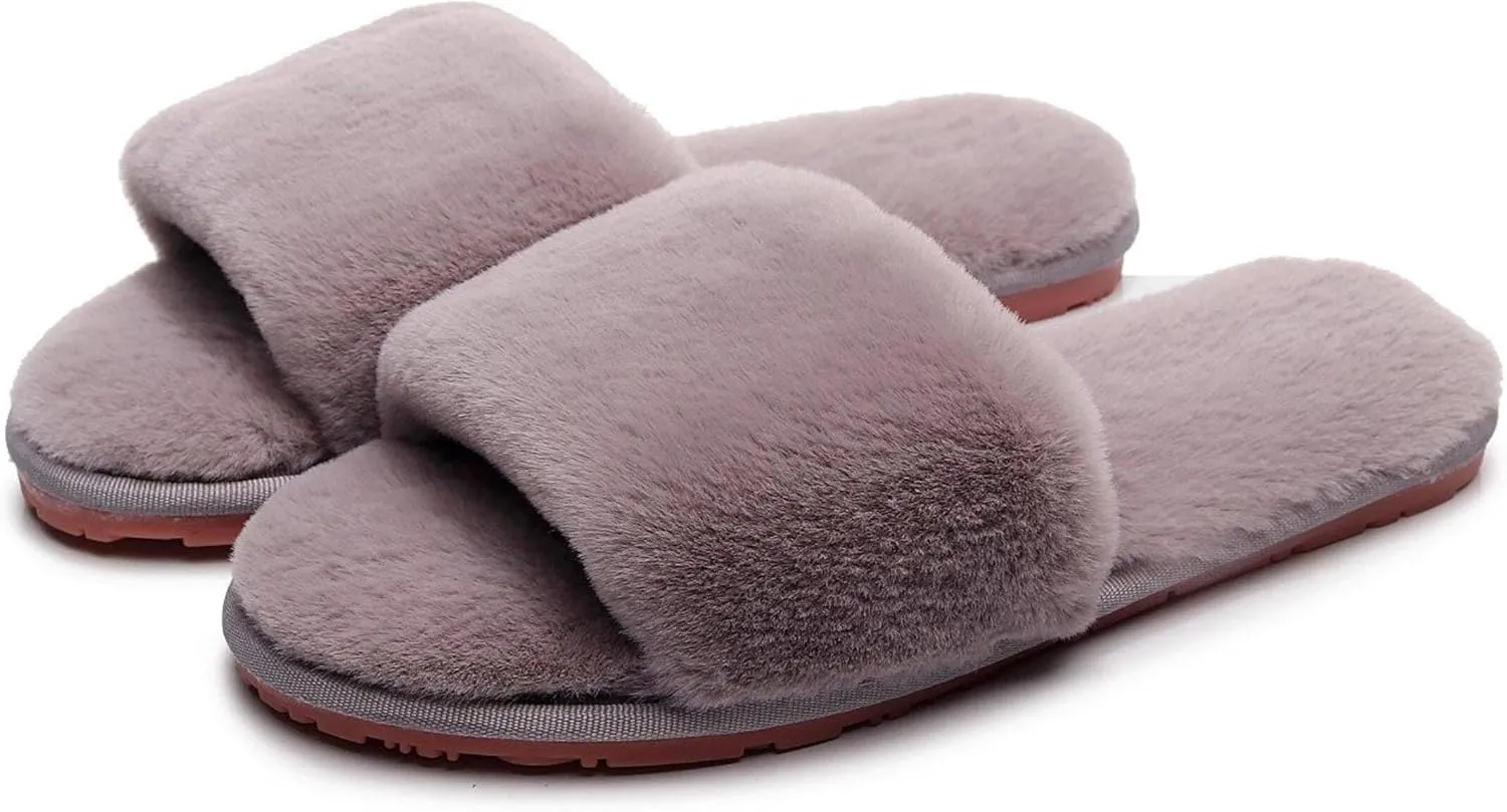 Women's Fuzzy Fluffy Furry Fur Slippers Flip Flop Open Toe Cozy House Memory Foam Sandals Slides Soft Flat Comfy Anti-Slip Spa Indoor Outdoor Slip on