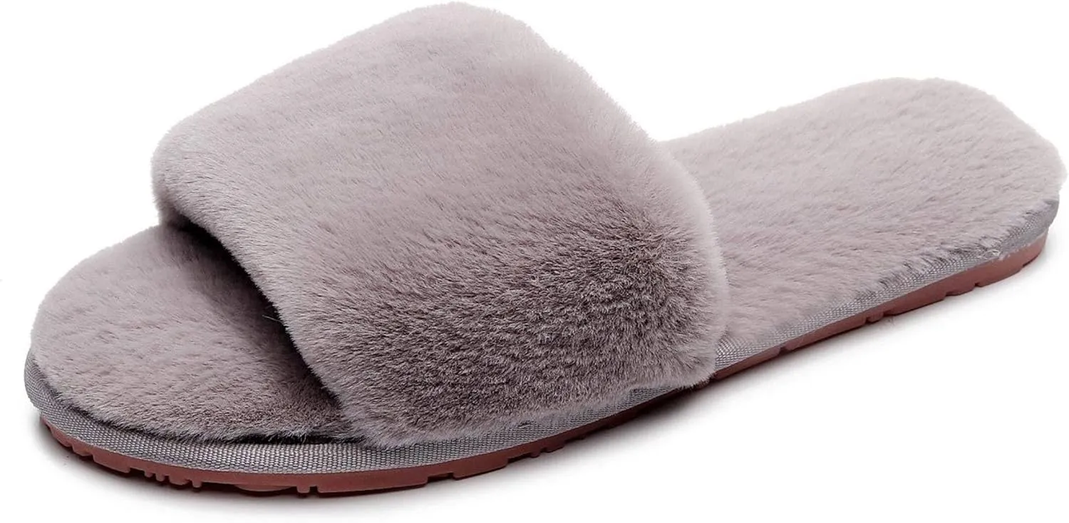 Women's Fuzzy Fluffy Furry Fur Slippers Flip Flop Open Toe Cozy House Memory Foam Sandals Slides Soft Flat Comfy Anti-Slip Spa Indoor Outdoor Slip on