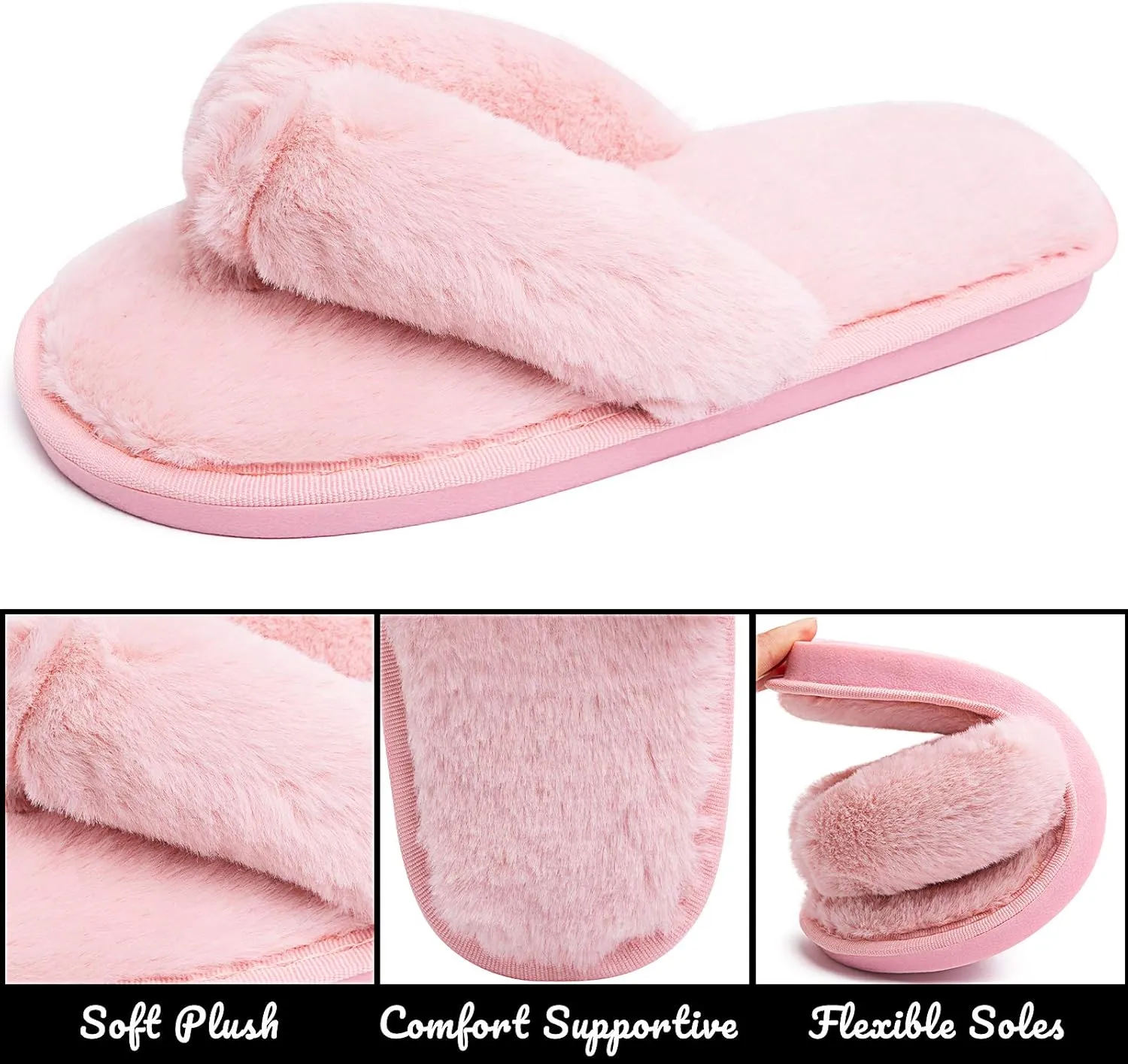 Women's Fuzzy Memory Foam Flip Flop Slippers Soft Comfy Open Toe Slip On Spa Thong Flat Sandals Ladies House Home Furry Sandal Slides Indoor Outdoor