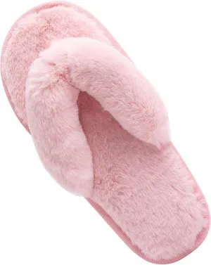Women's Fuzzy Memory Foam Flip Flop Slippers Soft Comfy Open Toe Slip On Spa Thong Flat Sandals Ladies House Home Furry Sandal Slides Indoor Outdoor