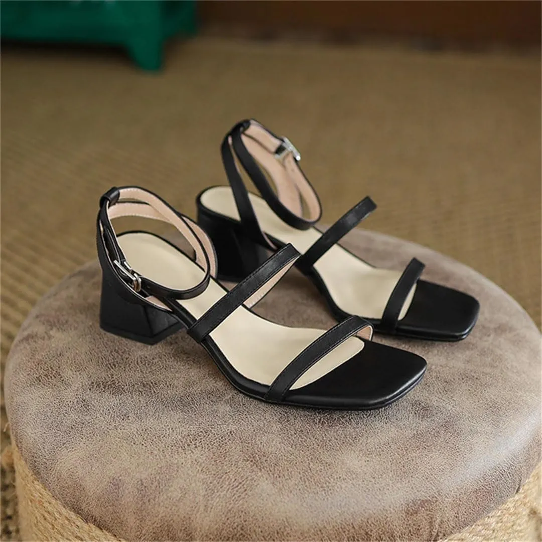 Women's Genuine Leather Ankle Strap Sandals Thick Heel Non-Slip Sole Buckle Narrow Band High Heel Sandals