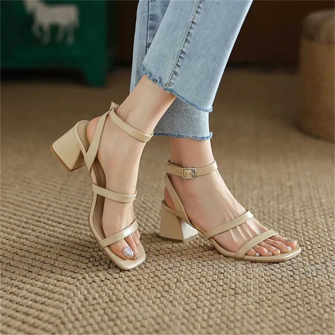 Women's Genuine Leather Ankle Strap Sandals Thick Heel Non-Slip Sole Buckle Narrow Band High Heel Sandals