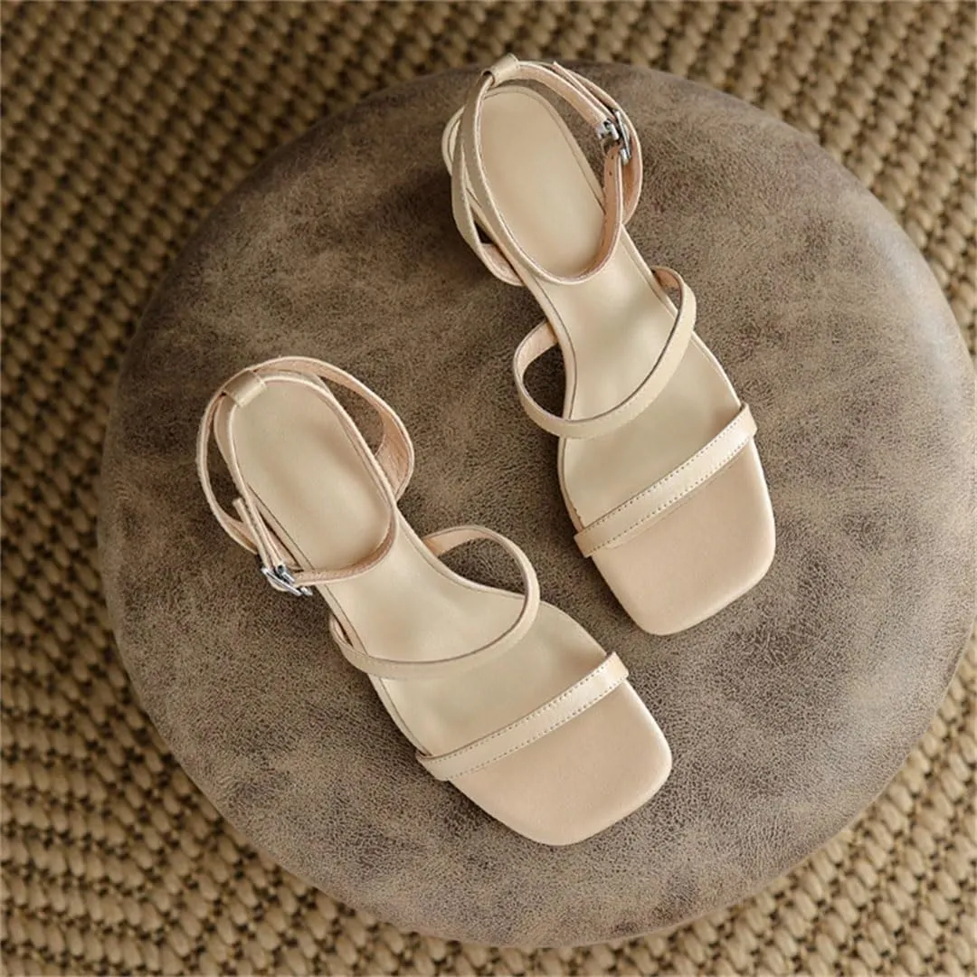 Women's Genuine Leather Ankle Strap Sandals Thick Heel Non-Slip Sole Buckle Narrow Band High Heel Sandals