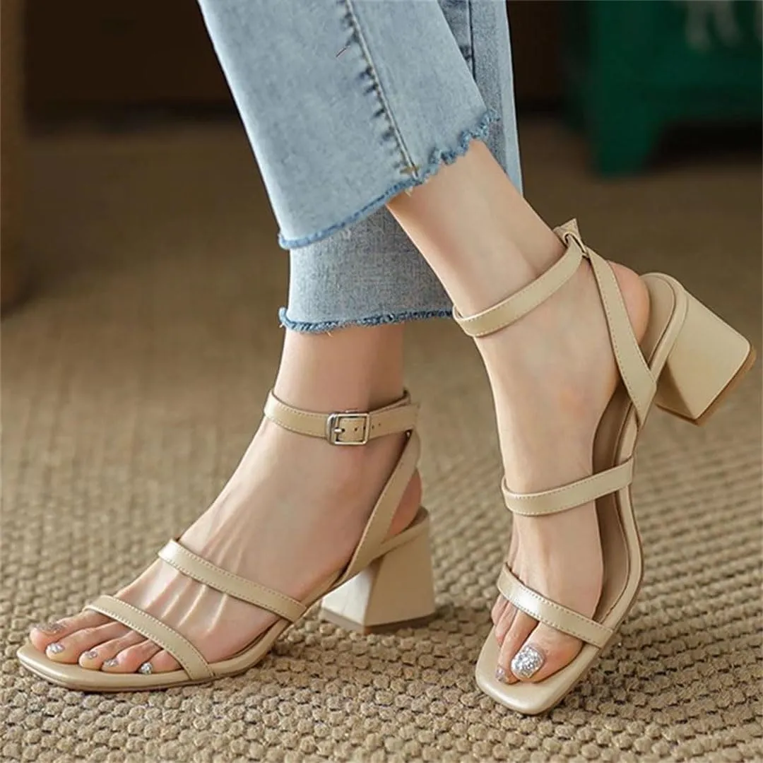 Women's Genuine Leather Ankle Strap Sandals Thick Heel Non-Slip Sole Buckle Narrow Band High Heel Sandals