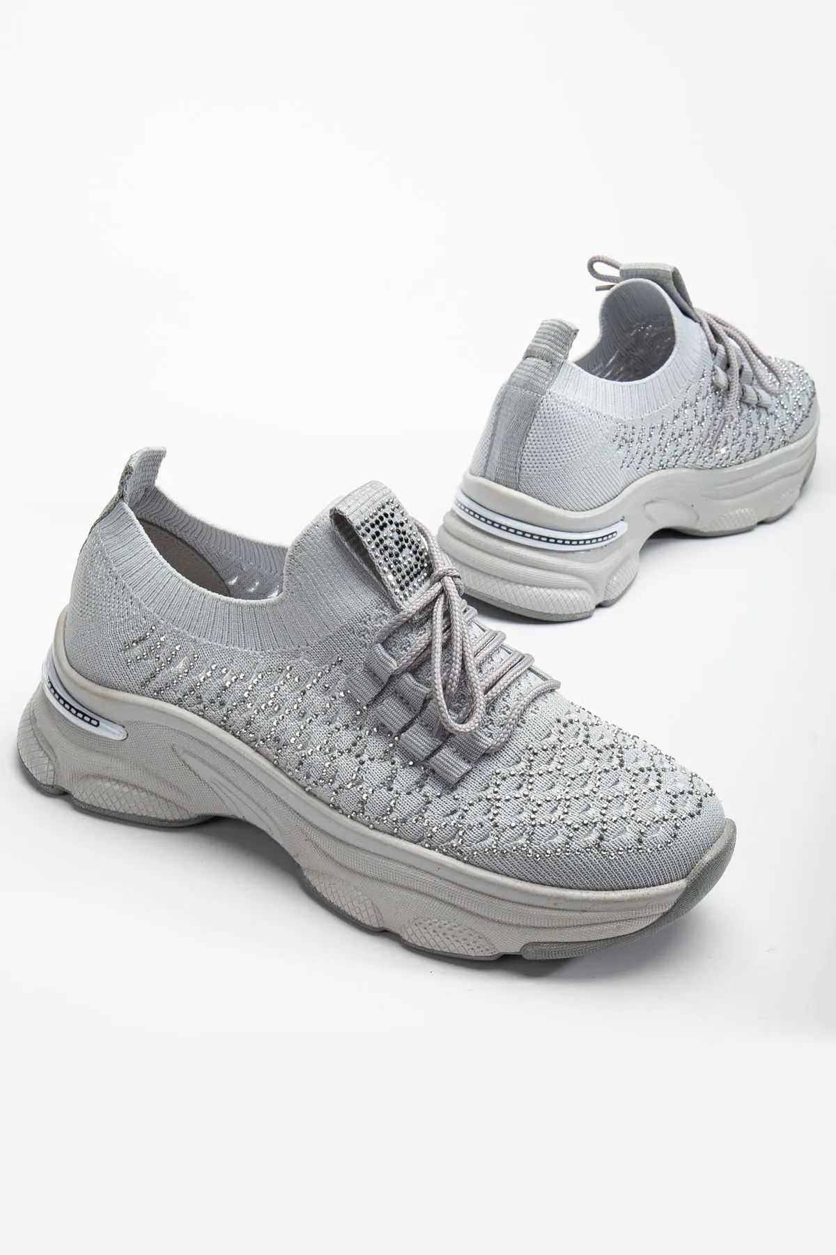 Women's Grey Knit Lace-Up High Heel Comfortable Sneaker
