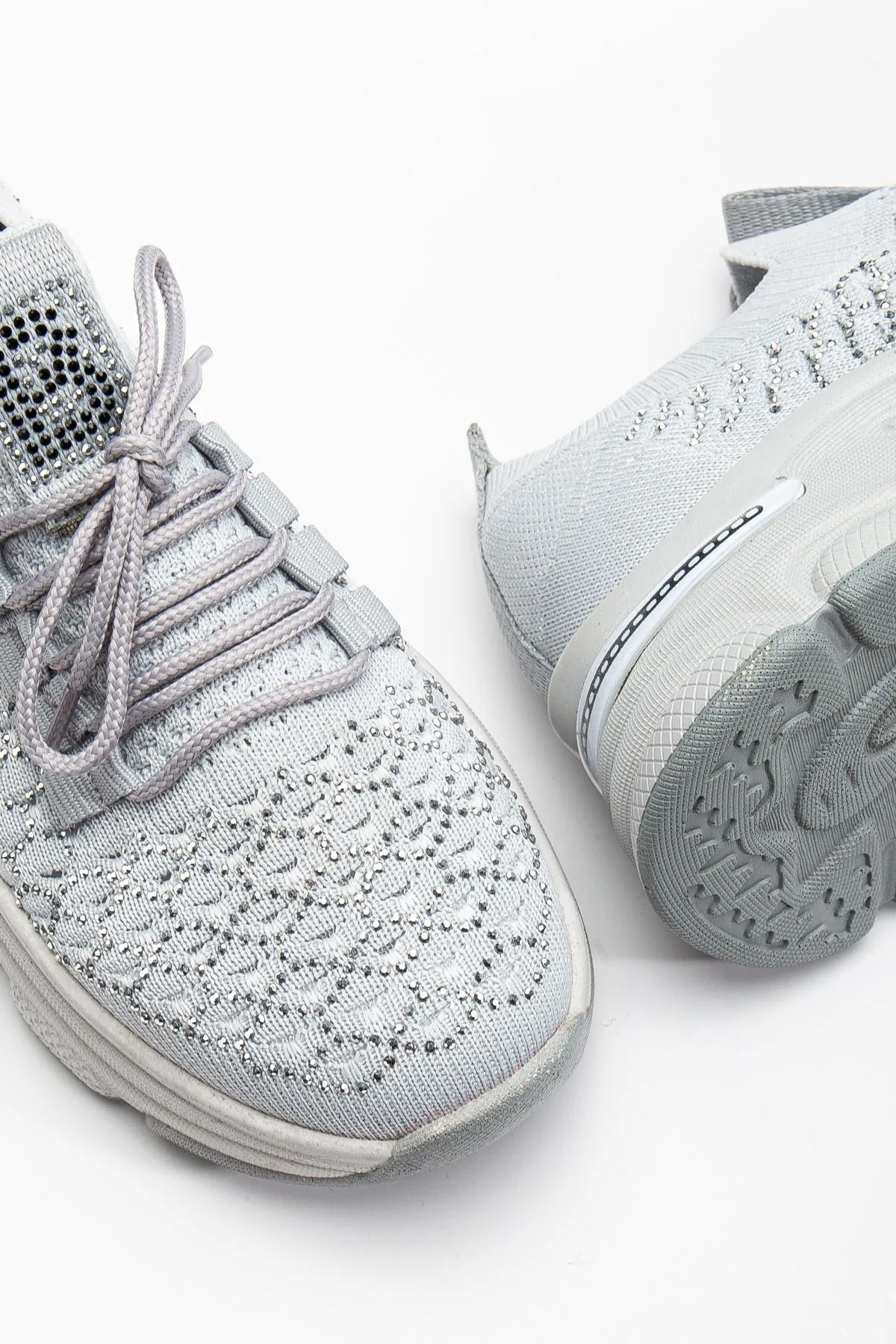 Women's Grey Knit Lace-Up High Heel Comfortable Sneaker