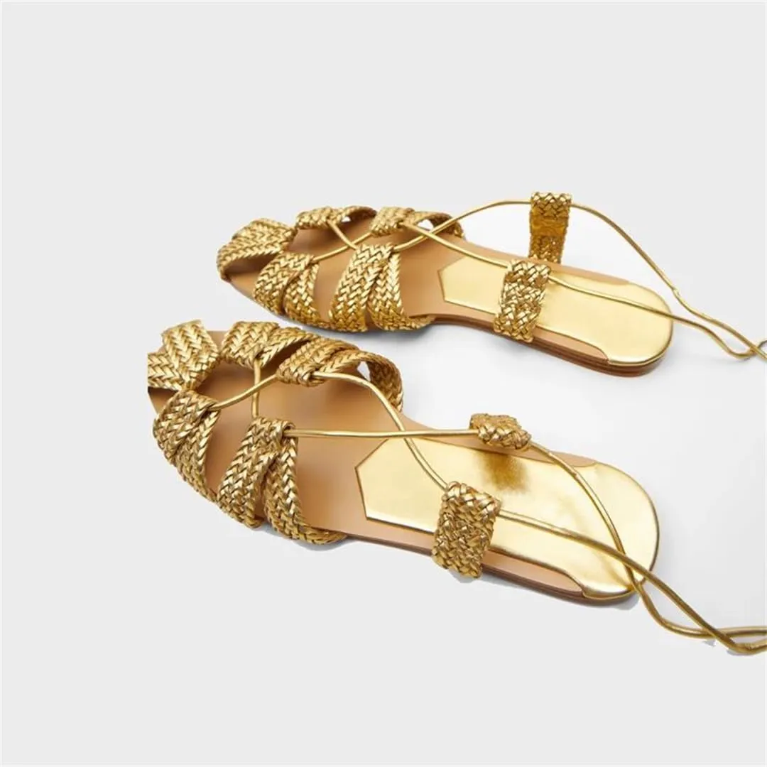 Womens Lace-Up Ankle Strap Flat Heel Open Side Vamp Bohemian Sandals Woven Vacation Casual Summer Sandals