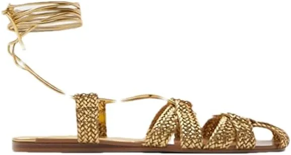 Womens Lace-Up Ankle Strap Flat Heel Open Side Vamp Bohemian Sandals Woven Vacation Casual Summer Sandals