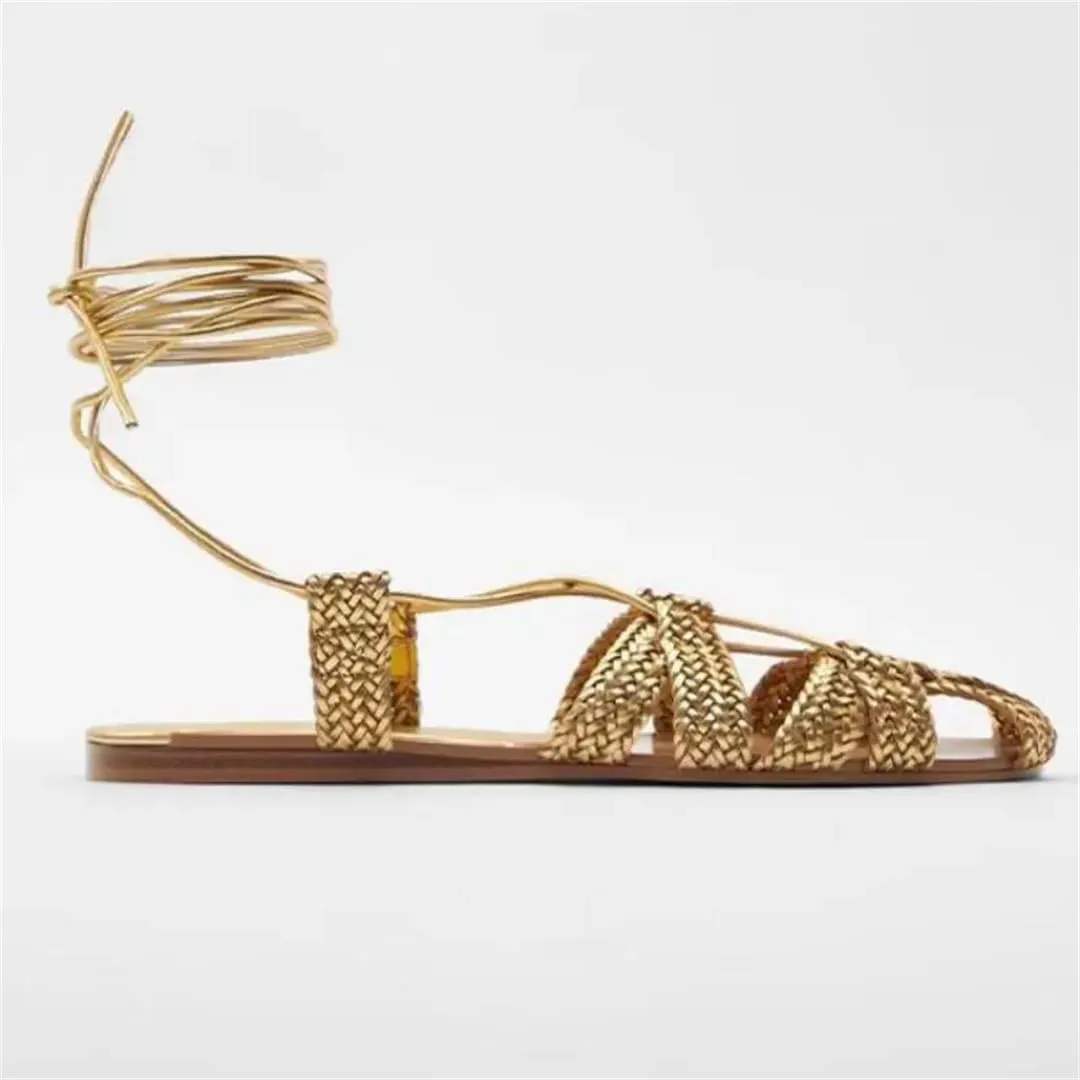 Womens Lace-Up Ankle Strap Flat Heel Open Side Vamp Bohemian Sandals Woven Vacation Casual Summer Sandals