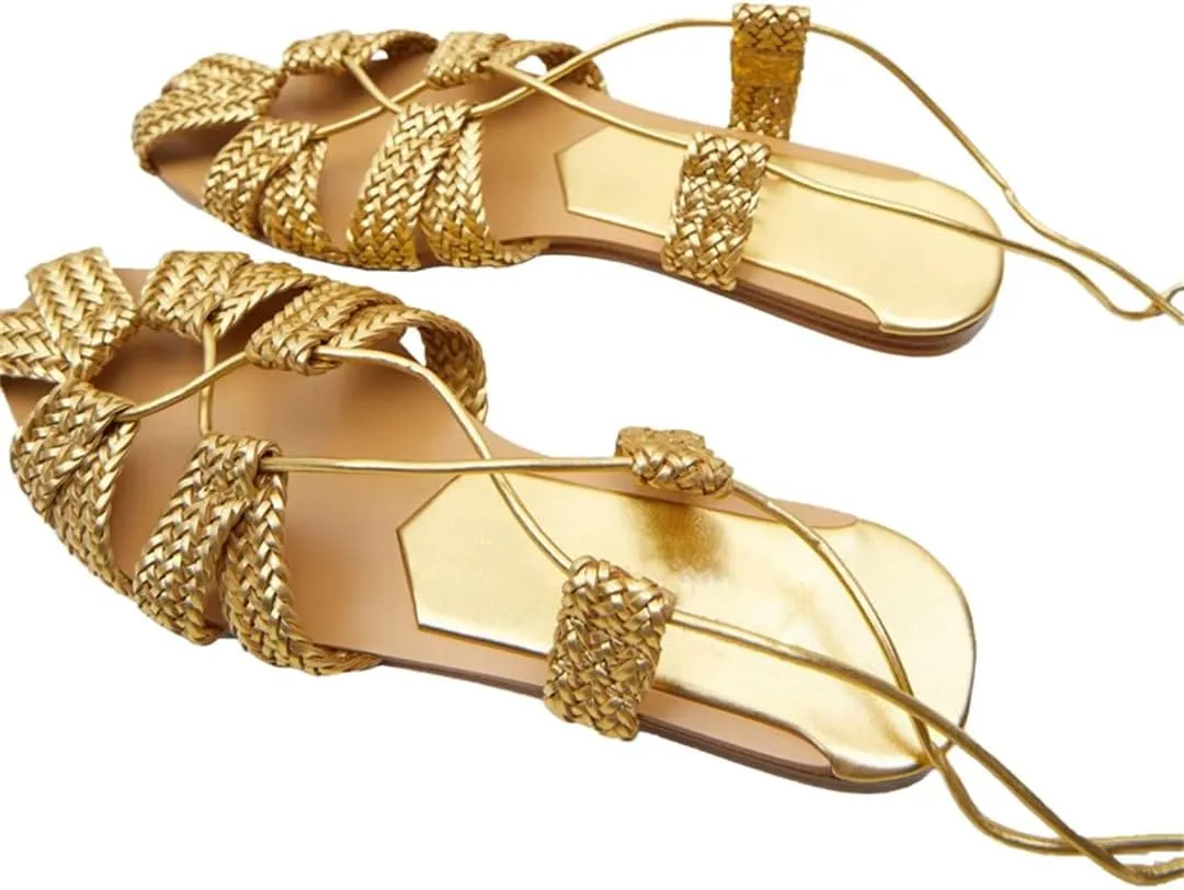 Womens Lace-Up Ankle Strap Flat Heel Open Side Vamp Bohemian Sandals Woven Vacation Casual Summer Sandals