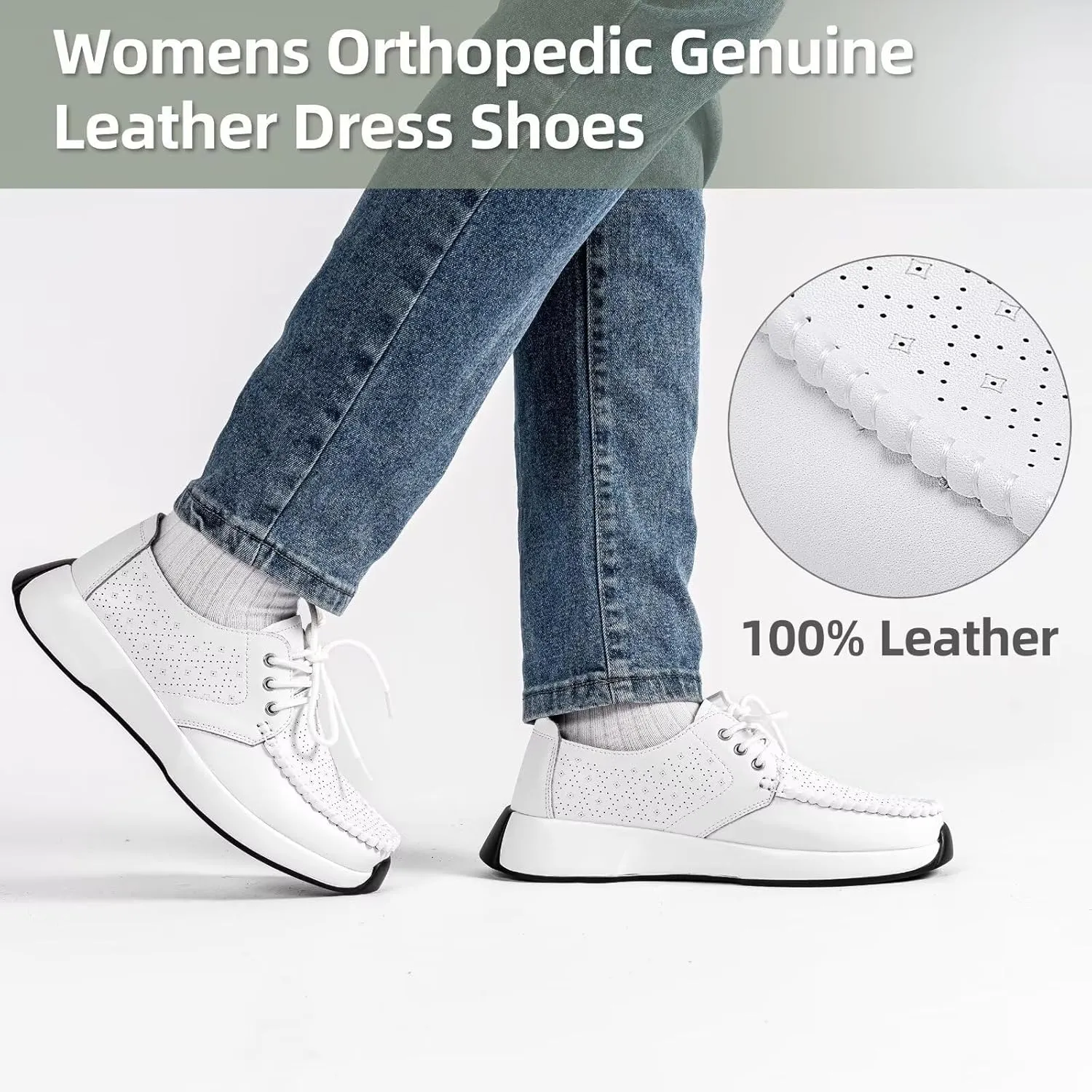 Women's Orthopedic Leather Dress Walking Shoes: Casual Sneakers with Arch Support for Plantar Fasciitis, Comfortable Supportive Shoes with Orthotic Insoles for Foot and Heel Pain