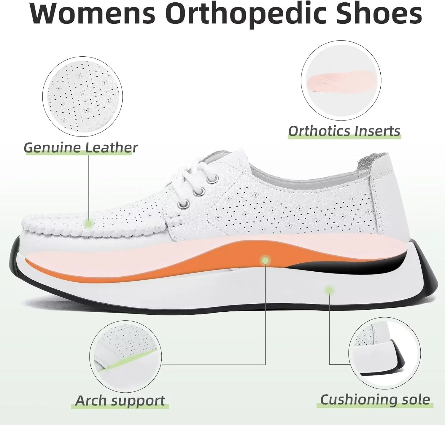 Women's Orthopedic Leather Dress Walking Shoes: Casual Sneakers with Arch Support for Plantar Fasciitis, Comfortable Supportive Shoes with Orthotic Insoles for Foot and Heel Pain