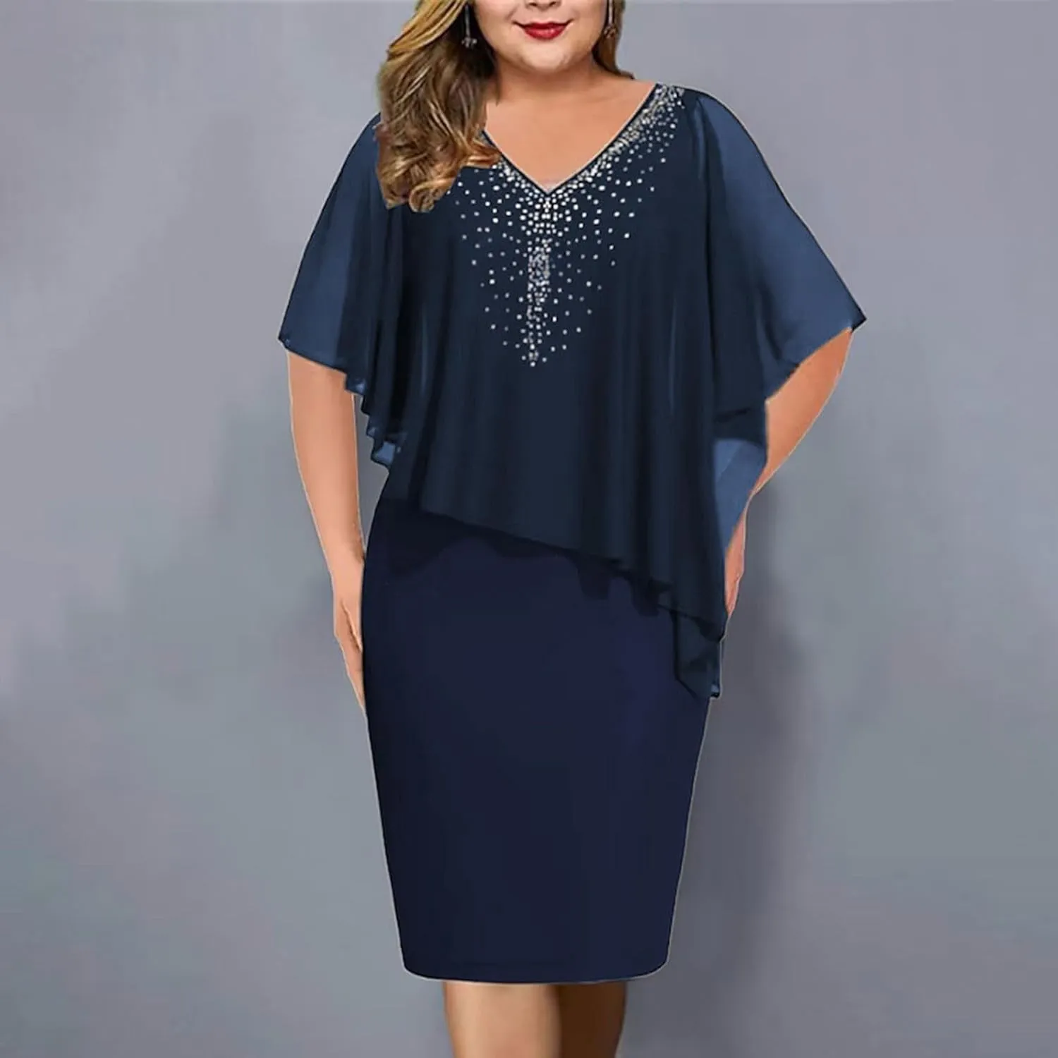 Womens Plus Size Chiffon Dress Glitter Shawl Sleeveless V-Neck Dresses Bodycon Elegant Formal Party Dress