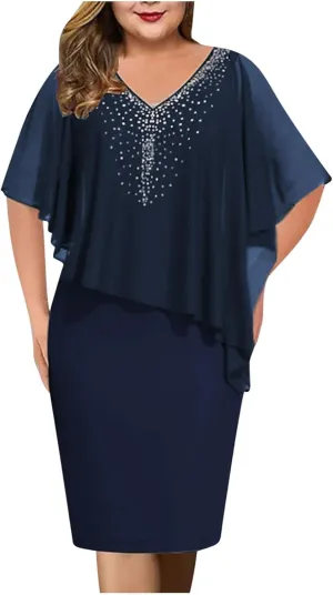 Womens Plus Size Chiffon Dress Glitter Shawl Sleeveless V-Neck Dresses Bodycon Elegant Formal Party Dress