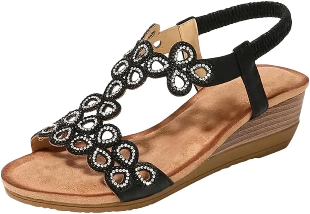 Womens Slip-On Other Wedge Heel Open Side Vamp Gladiator Sandals PU Upper Crystal Bohemian Summer Sandals