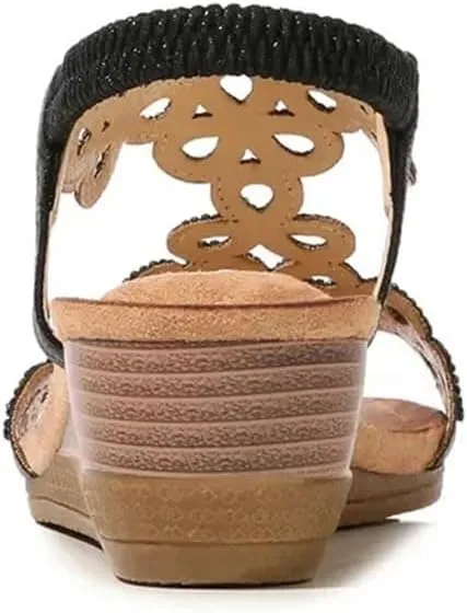 Womens Slip-On Other Wedge Heel Open Side Vamp Gladiator Sandals PU Upper Crystal Bohemian Summer Sandals