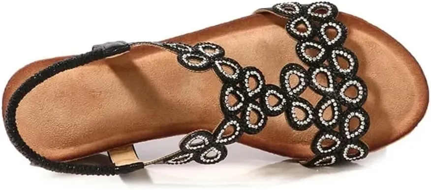 Womens Slip-On Other Wedge Heel Open Side Vamp Gladiator Sandals PU Upper Crystal Bohemian Summer Sandals
