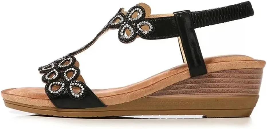 Womens Slip-On Other Wedge Heel Open Side Vamp Gladiator Sandals PU Upper Crystal Bohemian Summer Sandals