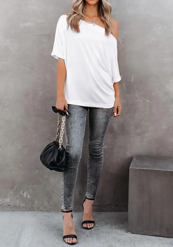 Womens Summer Off The Shoulder Shirts Casual Sexy Short Sleeve Tops Trendy Casual Loose Oversized Blouses Tshirt Tunic