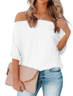 Womens Summer Off The Shoulder Shirts Casual Sexy Short Sleeve Tops Trendy Casual Loose Oversized Blouses Tshirt Tunic