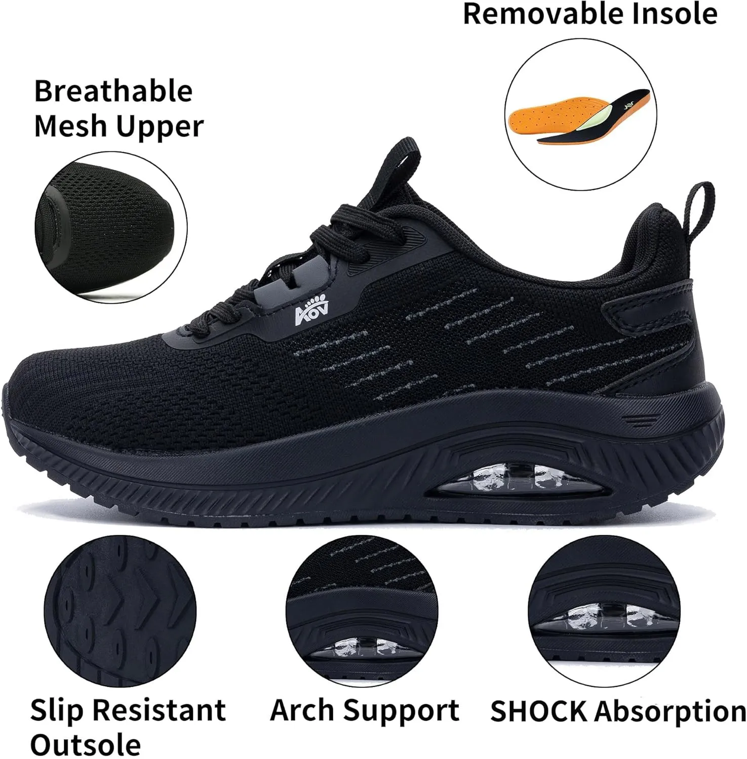 Women's Walking Shoes with Arch Support Orthotic Sneakers for Plantar Fasciitis Heel and Foot Pain Relief Tennis AllBlack Size 8