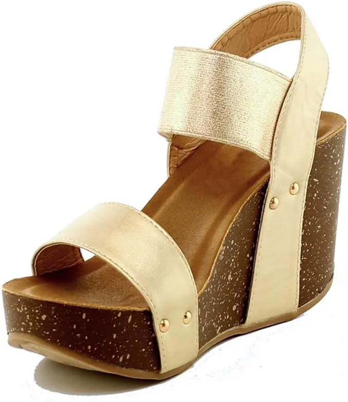 Women's Wedge Platform Sandal Elastic Ankle Strap High Heel Cork Slip On Casual Summer Shoes