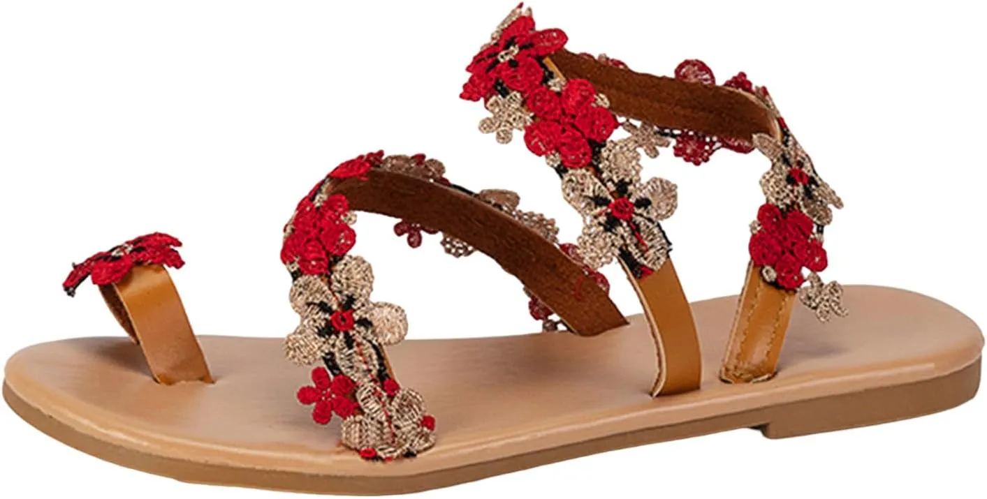 Women's White Flowers Lace Sandals Flat Clip Toe Roman Sandals Comfy Dress Casual Walking Beach Shoes Dressy Summer White Lace Flower Design for Bride Comfy Dress