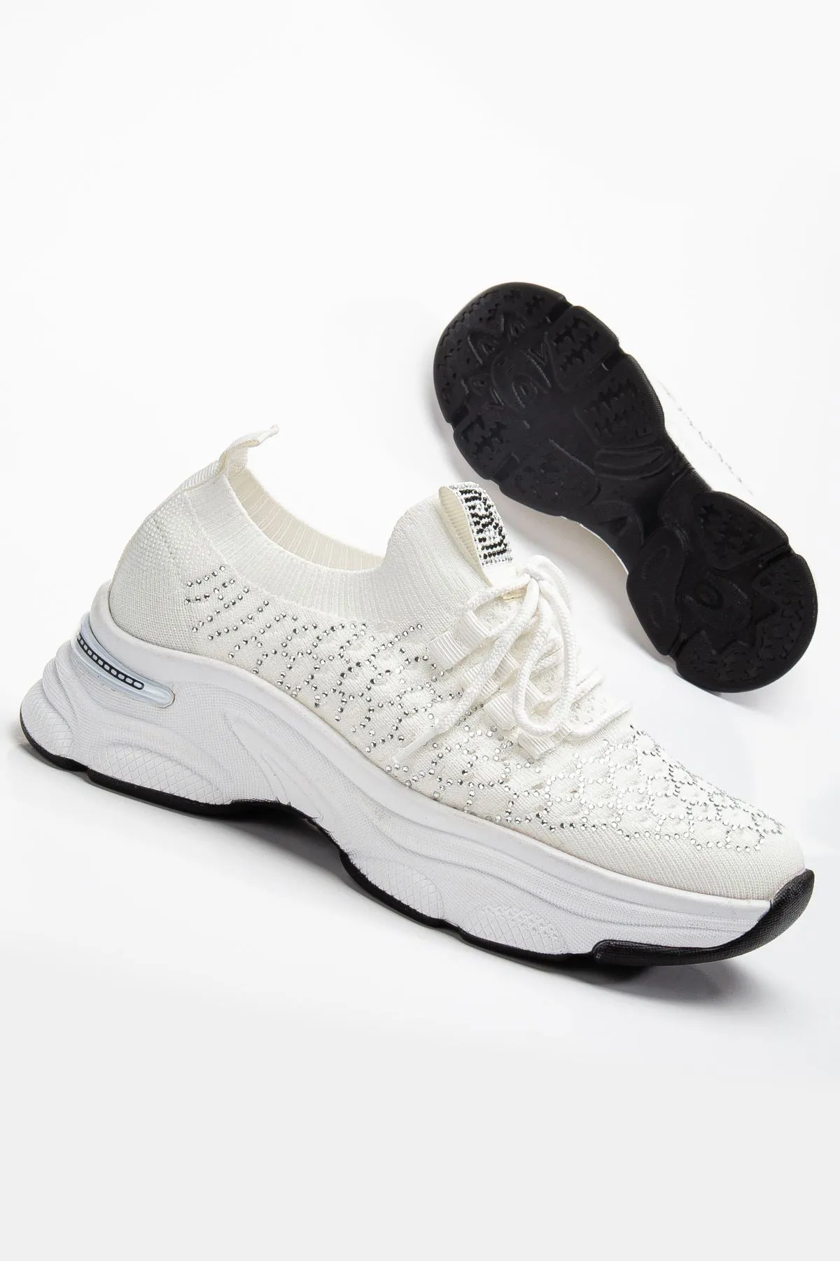 Women's White Knit Lace-Up High Heel Comfortable Sneaker