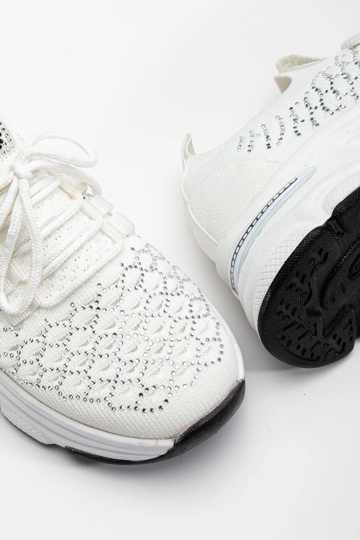 Women's White Knit Lace-Up High Heel Comfortable Sneaker