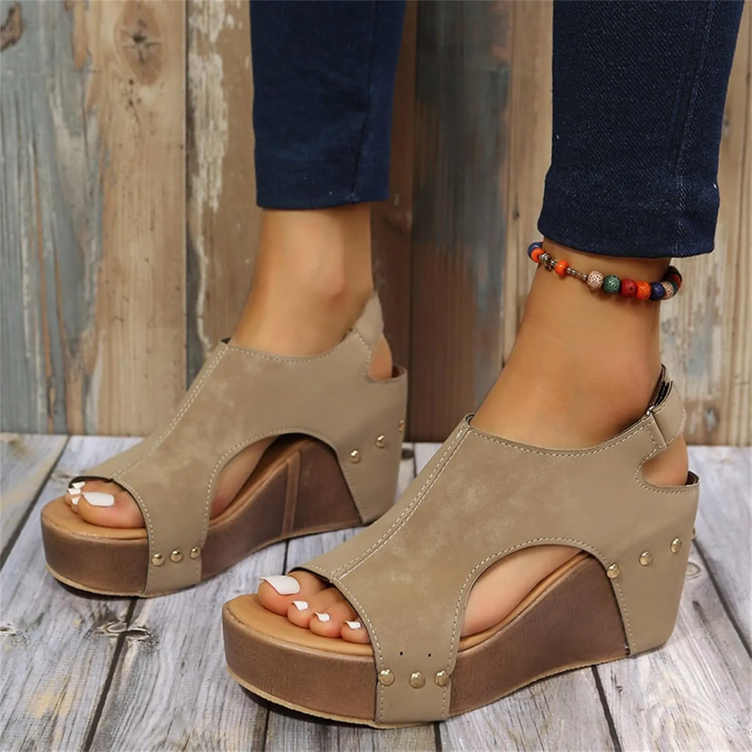 Womenyiaor Wedge Sandals for Women, Espadrilles Wedges for Women Buckle Ankle Strap Open Toe Sandals Platform Sandals for Women Dressy Summer Ladies Sandals Casual Wedge Heels Sandals (C-Khaki, 7.5)