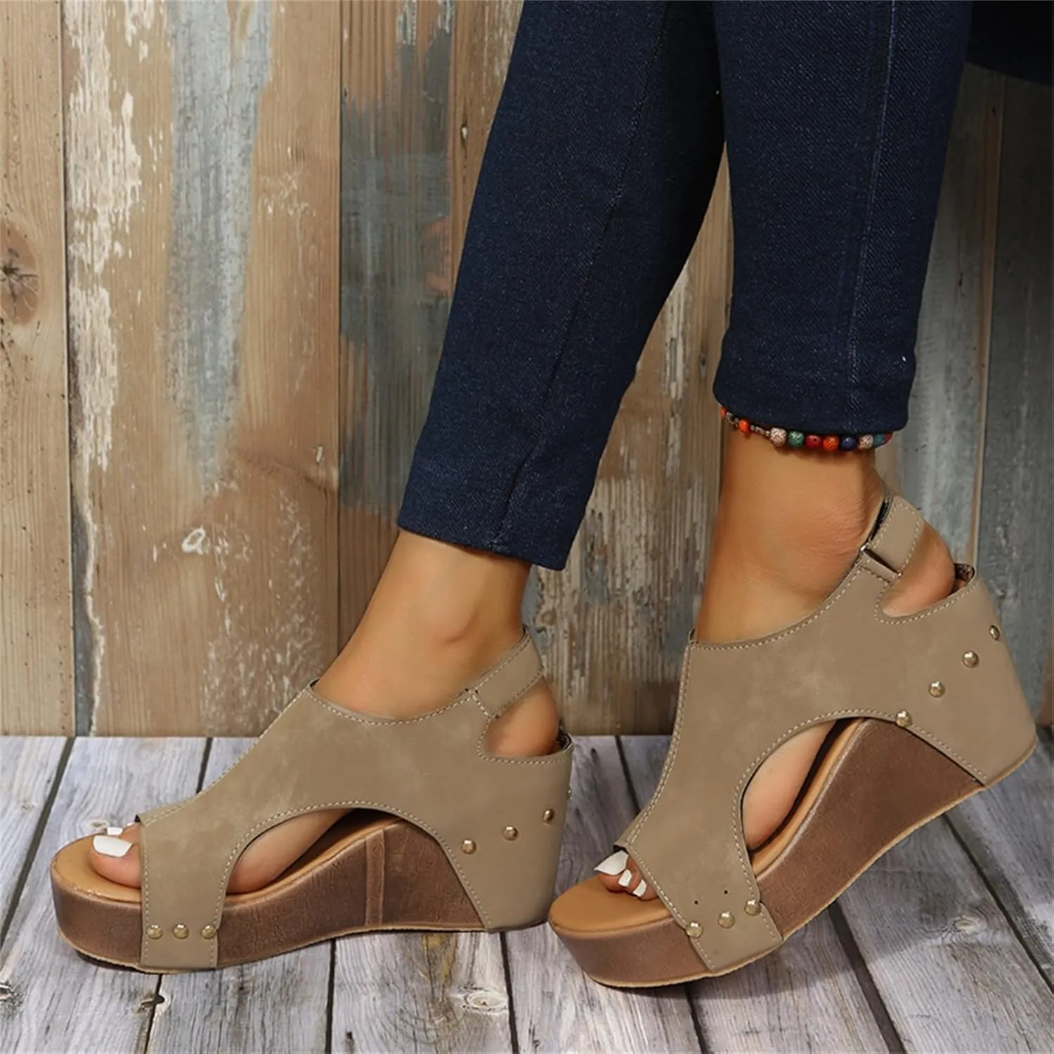 Womenyiaor Wedge Sandals for Women, Espadrilles Wedges for Women Buckle Ankle Strap Open Toe Sandals Platform Sandals for Women Dressy Summer Ladies Sandals Casual Wedge Heels Sandals (C-Khaki, 7.5)
