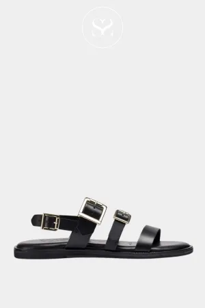 WONDERS AB-1340 BLACK LEATHER MINIMALIST FLAT SANDAL