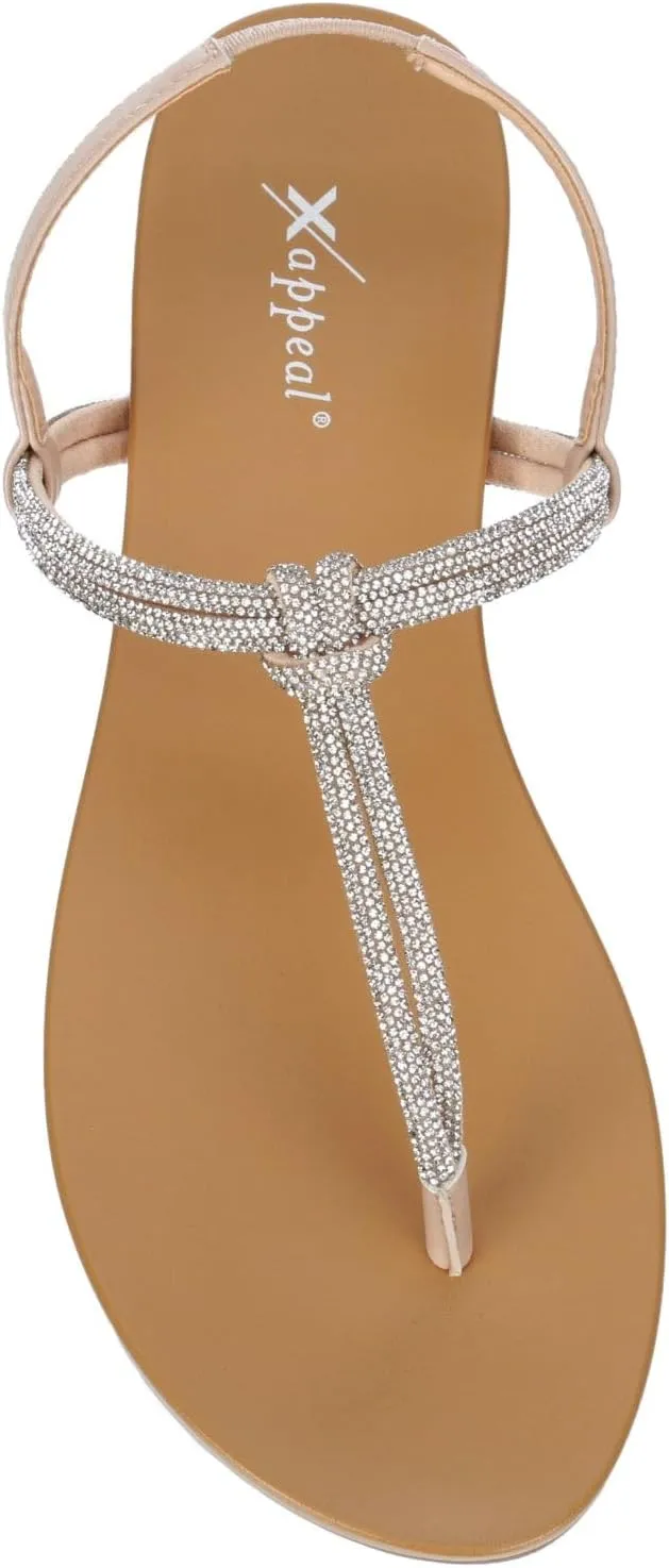 XAPPEAL Kali - Women's Open Toe Rhinestone T-Strap Slingback Flat Sandals