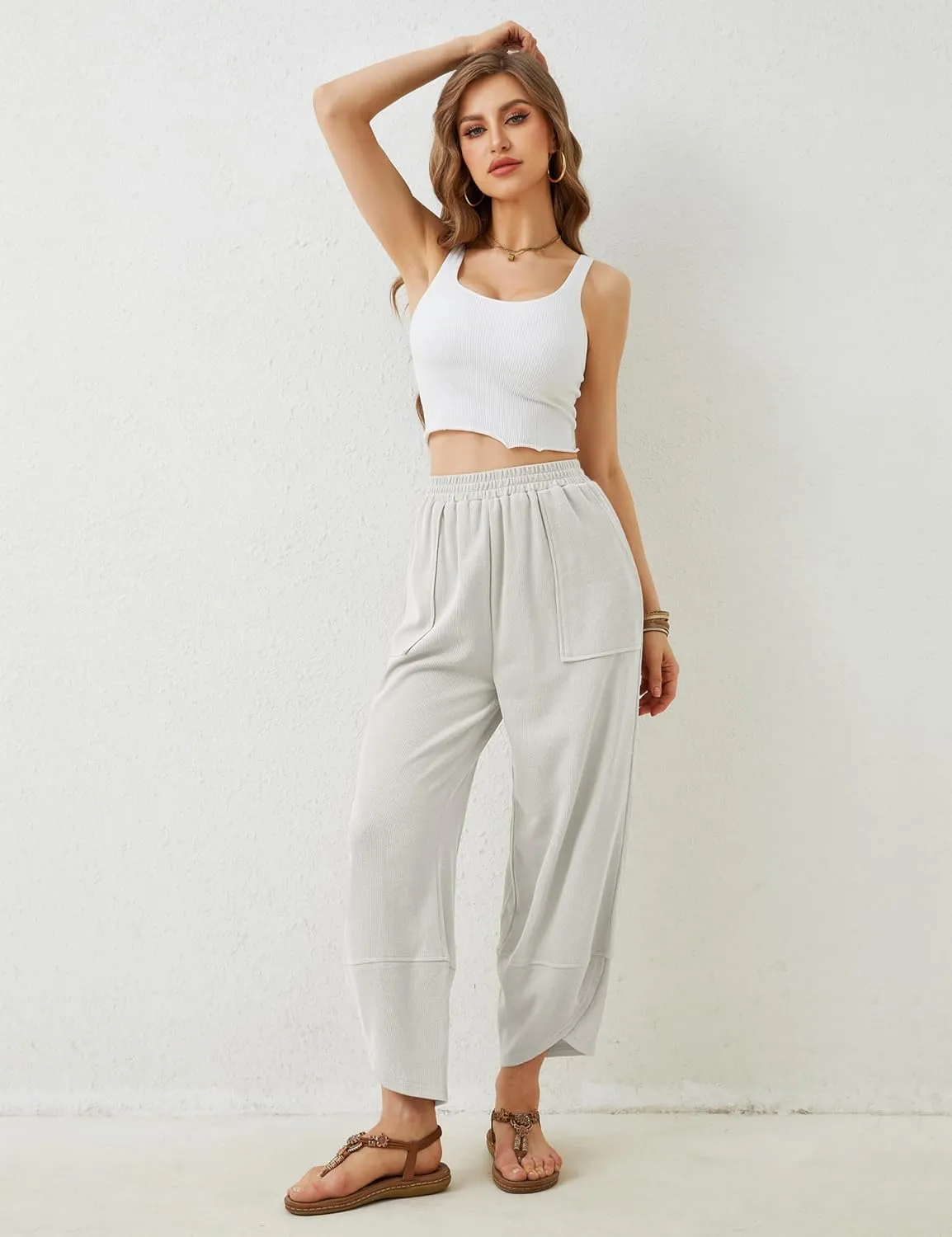 Xiaoxuemeng Womens Baggy Wide Leg Pants Casual Elastic Waisted Palazzo Harem Pants with Pockets